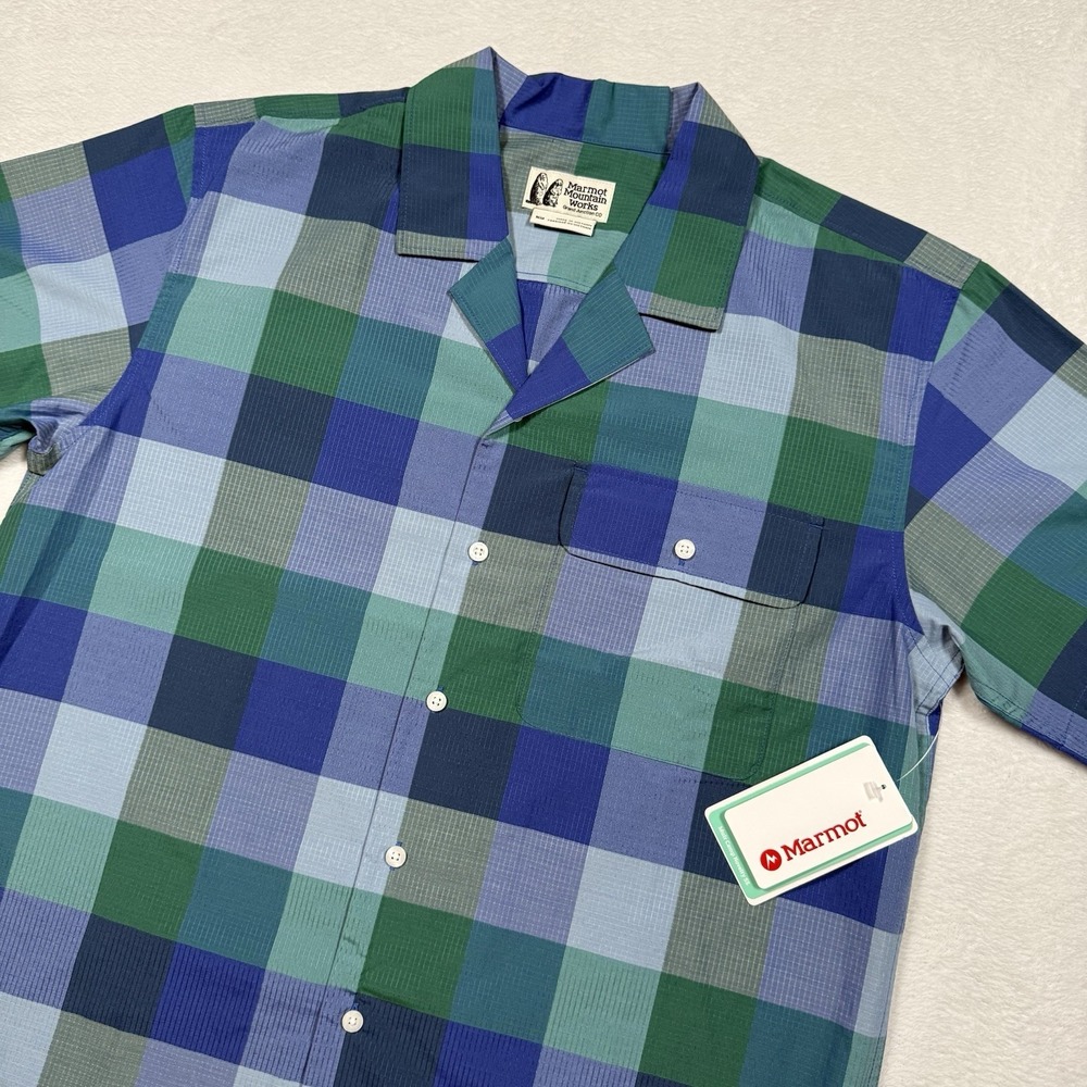 Marmot Button‎ Up Shirt Medium Blue Green Plaid Trail Short Sleeve Lightweight